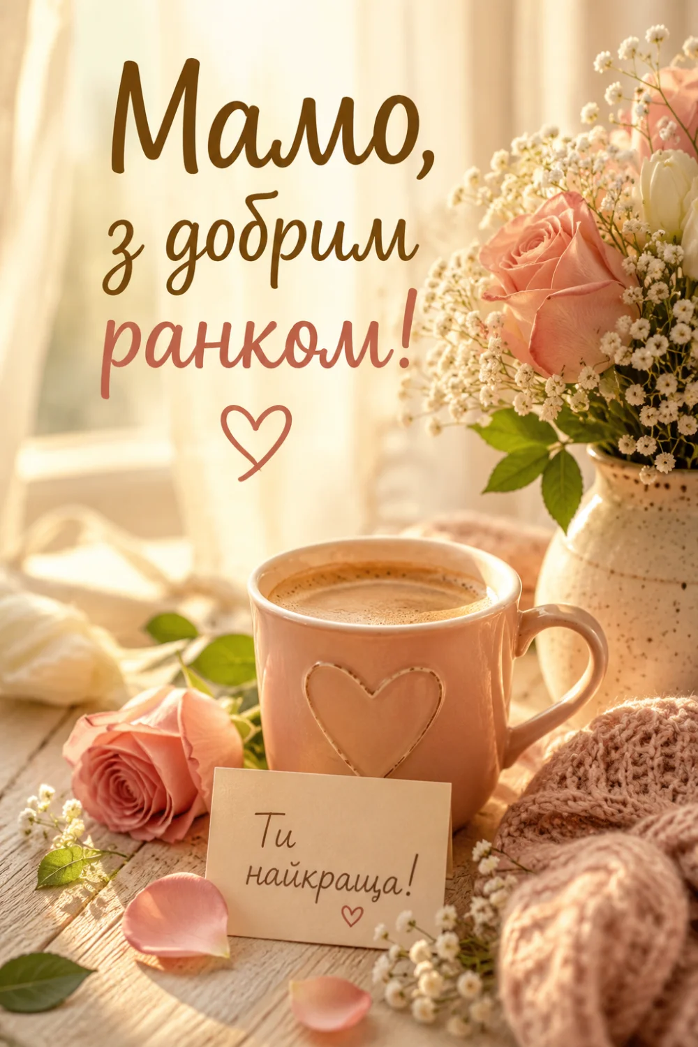 Чашка кави з сердечком, троянда, пелюстки та букет квітів на дерев'яному столі. На листівці написано: «Мамо, з добрим ранком!» та «Ти найкраща!»