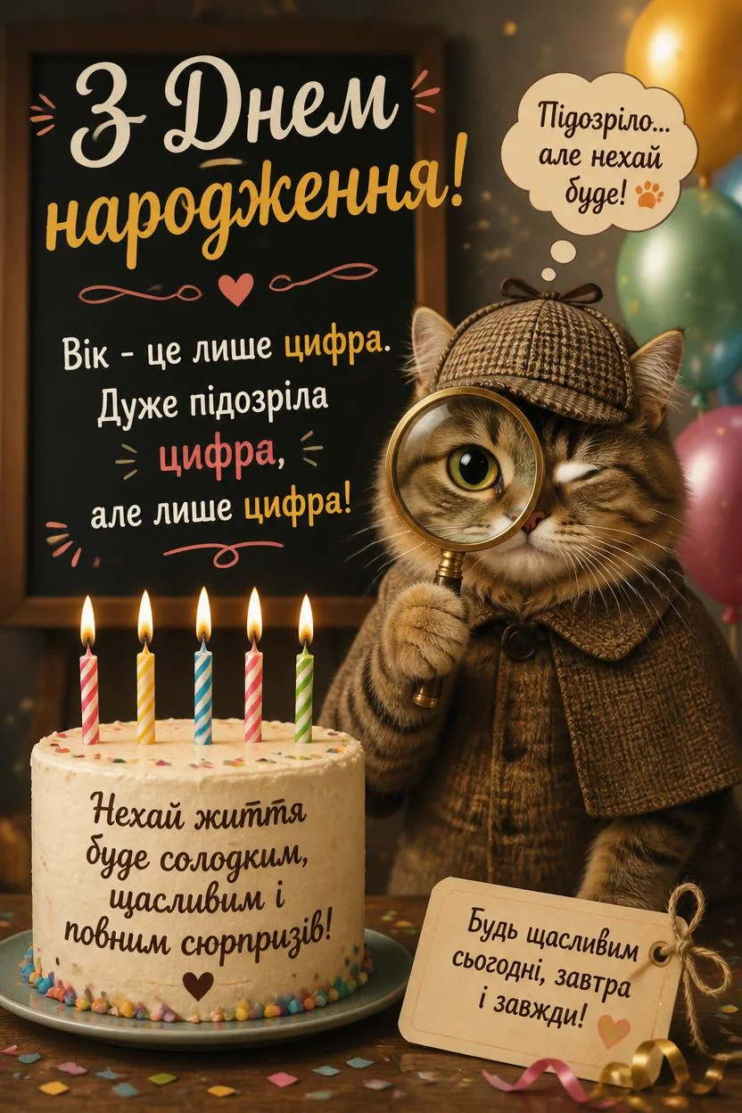 Листівка з днем народження. На ній зображений кіт-детектив у капелюсі та плащі, який розглядає крізь лупу свічку на білому торті. На торті п'ять запалених свічок. На задньому плані чорна дошка з написом «З Днем народження! Вік – це лише цифра. Дуже підозріла цифра, але лише цифра!»