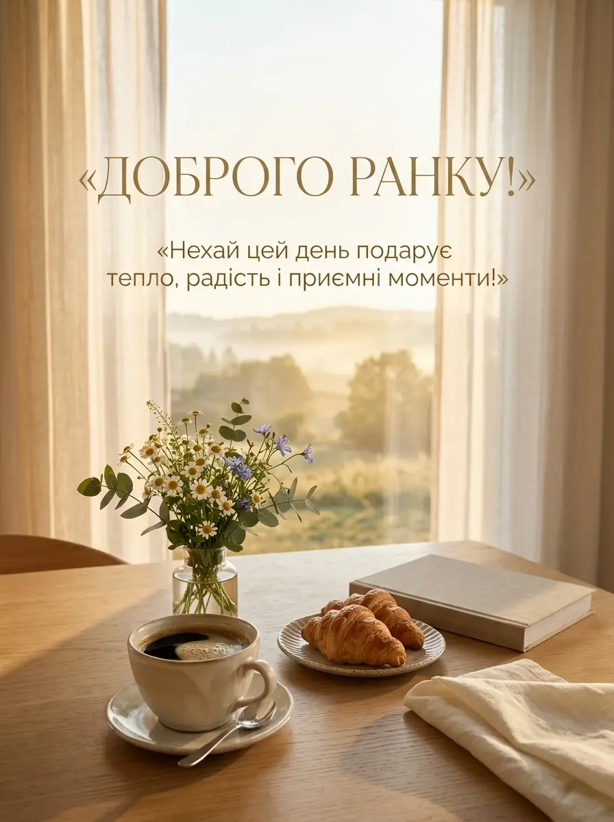 Листівка «Доброго ранку! Нехай цей день подарує тепло, радість і приємні моменти» з кавою, круасанами і польовими квітами біля вікна