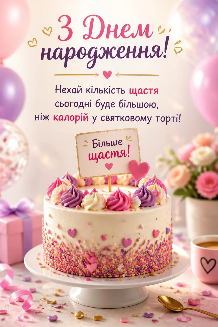 Святковий торт, прикрашений рожевим, фіолетовим та білим кремом, з різнокольоровою посипкою та маленькими сердечками. На торті стоїть табличка з написом «Більше щастя!» та рожеве сердечко. Навколо торта рожеві та фіолетові повітряні кульки, подарунок у рожевій коробці та чашка з кавою. Текст листівк