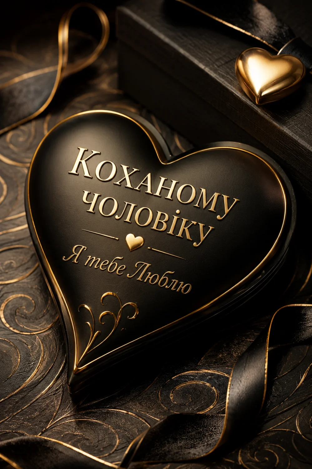 Чорна листівка у формі серця з золотими написами «Коханому чоловіку» та «Я тебе люблю». Поруч лежить чорна подарункова коробка з золотим серцем і чорна стрічка з золотим краєм. Фон прикрашений золотистими візерунками.