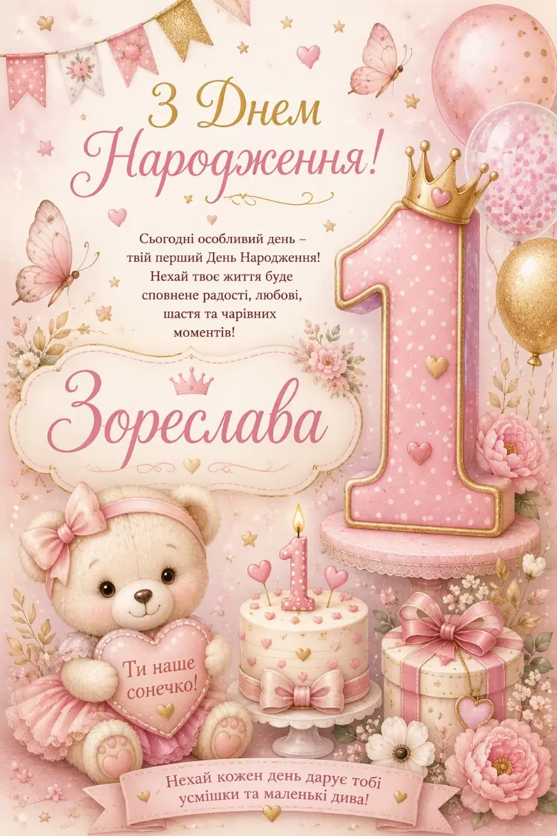 Рожева листівка з першим днем народження для дівчинки Зореслави: плюшевий ведмедик, торт, подарункова коробка, метелики і кулі