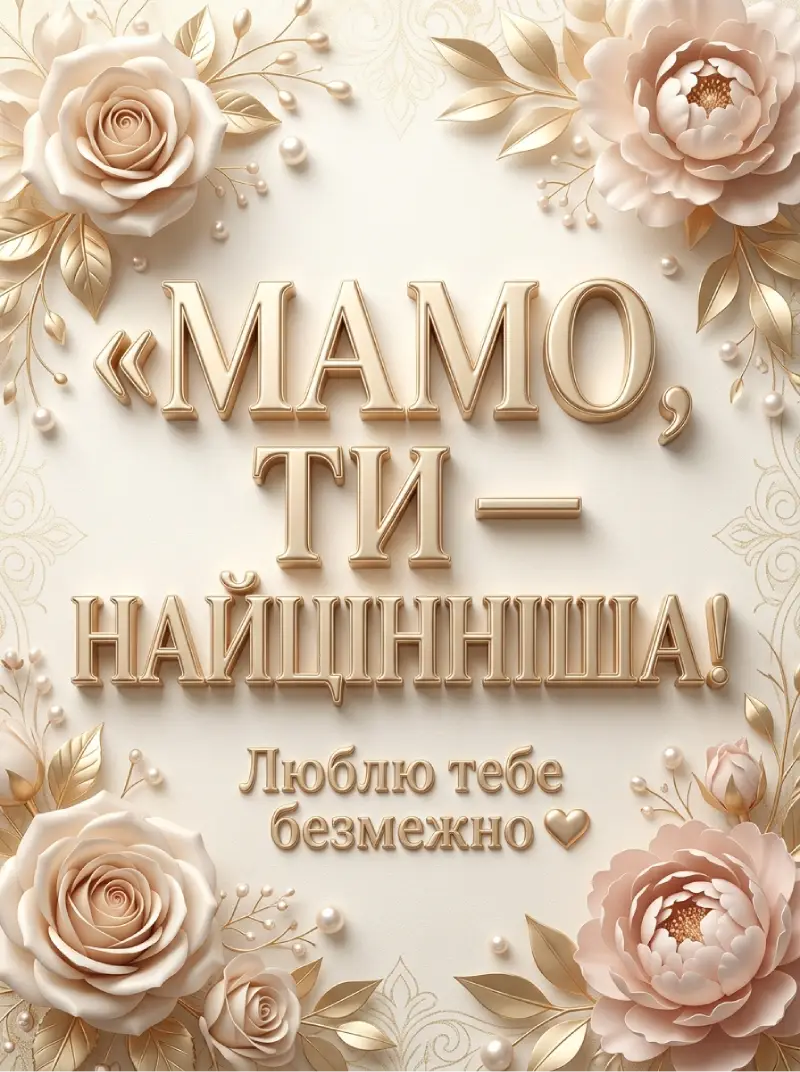 Листівка кольору слонової кістки «Мамо, ти — найцінніша! Люблю тебе безмежно» з рожевими трояндами і півоніями без рамки