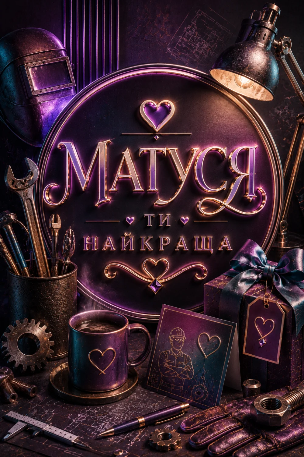 Листівка з написом «Матуся, ти найкраща» на круглому фоні, оточеному різними інструментами, такими як зварювальна маска, гайкові ключі, викрутки, а також чашка кави, подарунок та картка з малюнком чоловіка в касці.