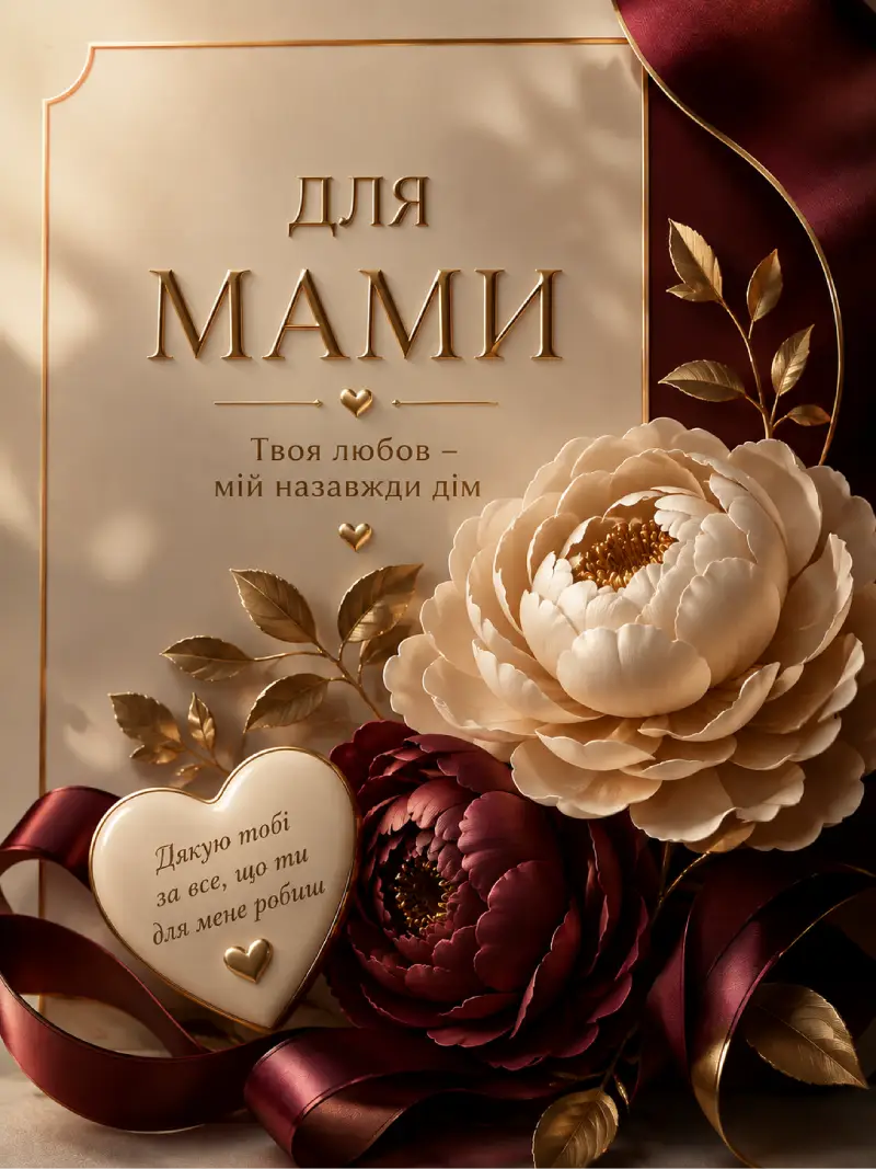 Листівка «Для мами. Твоя любов — мій назавжди дім» з кремовими і бордовими півоніями, золотими стрічками і серцем з написом «Дякую тобі за все, що ти для мене робиш»
