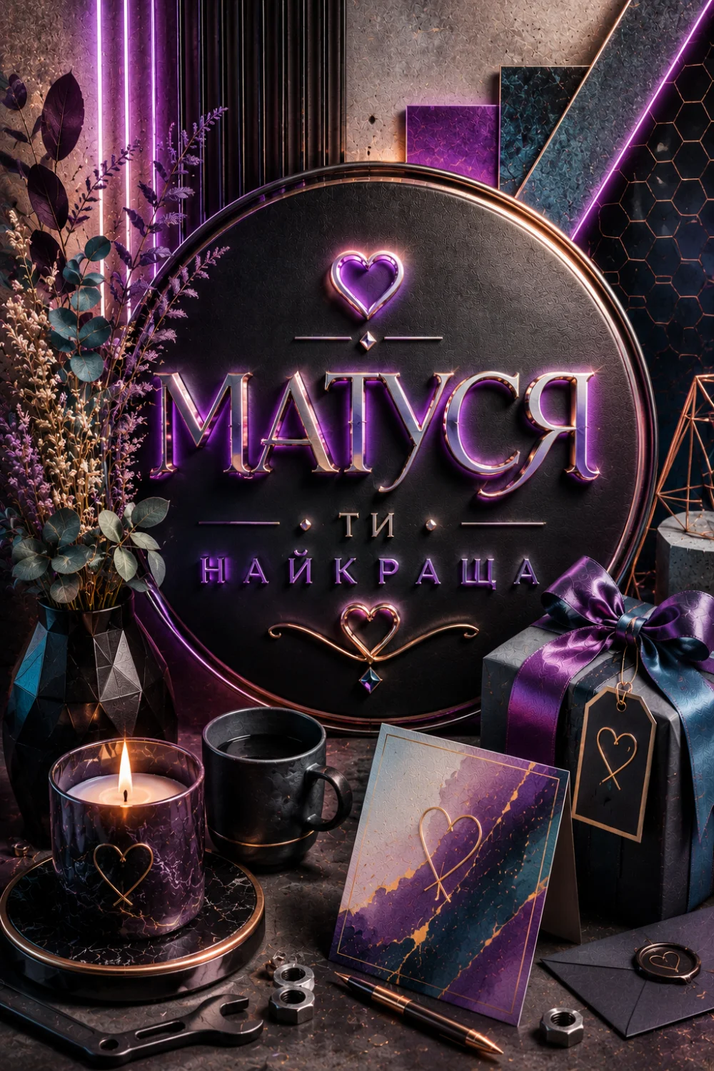 Листівка з написом «Матуся, ти найкраща» на чорному фоні з неоновим фіолетовим підсвічуванням. Поруч стоїть ваза з гілками, запалена свічка, чашка, подарунок у фіолетовій стрічці та листівка з акварельним візерунком і золотим серцем.