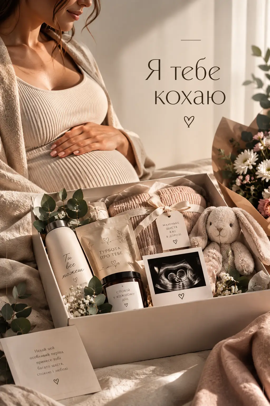Листівка «Я тебе кохаю» з фото вагітної жінки, подарунковою коробкою для майбутньої мами, іграшкою-зайчиком і фото УЗД