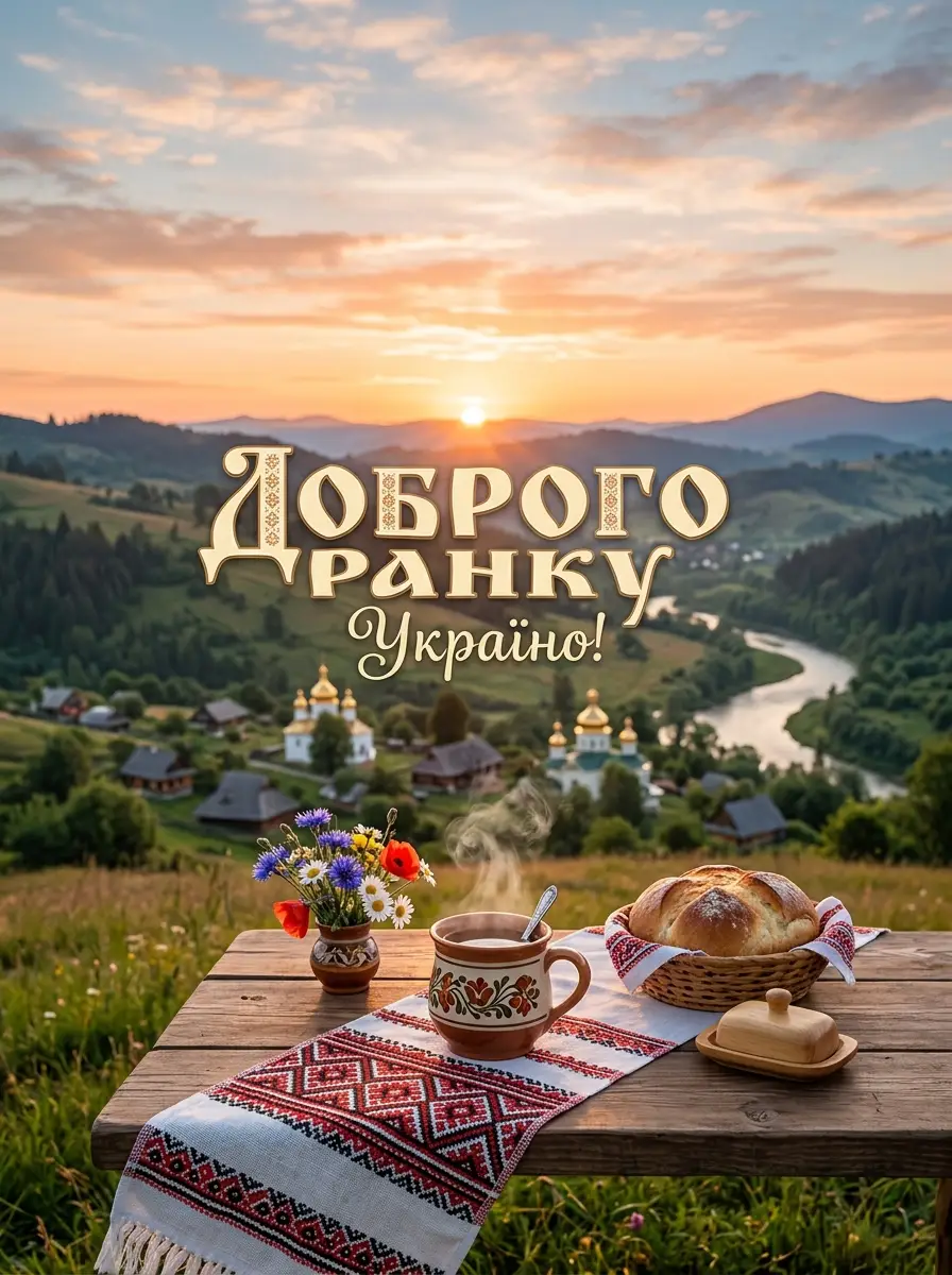 Листівка «Доброго ранку, Україно!» зі світанком над українським селом, церквою, рікою, вишитим рушником, хлібом і польовими квітами