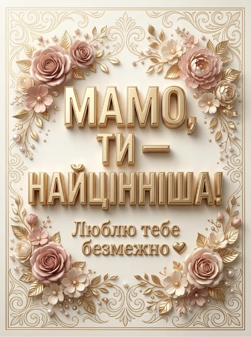 Листівка кольору слонової кістки «Мамо, ти — найцінніша! Люблю тебе безмежно» з рожевими і кремовими трояндами й перлами в декоративній рамці