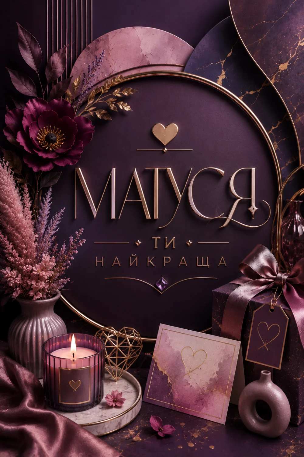 Листівка з написом «Матуся ти найкраща» золотими літерами на темно-фіолетовому тлі. Зліва велика бордова квітка, рожеві сухі квіти у вазі, запалена свічка у скляному підсвічнику. Справа подарунок, перев'язаний стрічкою, та маленька листівка з серцем.