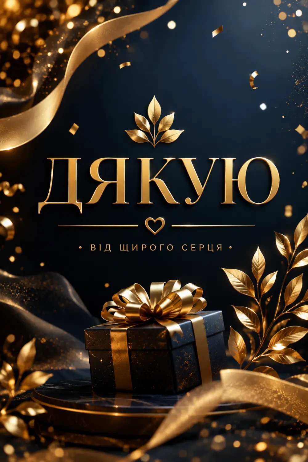 Темно-синя листівка «Дякую від щирого серця» із золотою подарунковою коробкою, стрічками та золотим листям