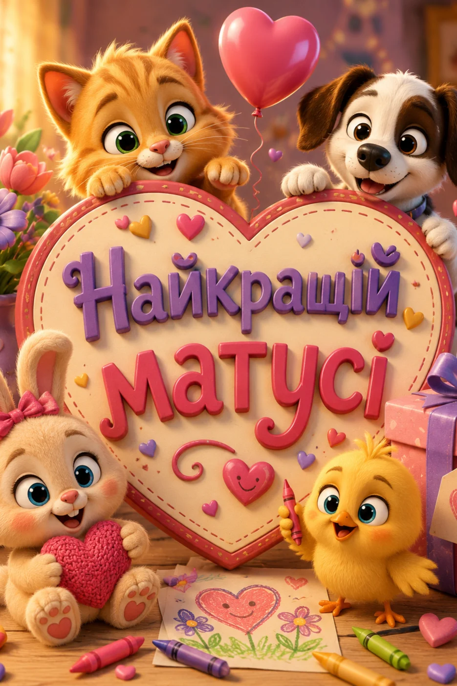 Милі анімовані кошеня, песик, зайчик і курча тримають велике серце з написом "Найкращій матусі". Зайчик тримає в лапках в'язане серце, а курча малює серце на папері кольоровими олівцями. Навколо розкидані маленькі сердечка та подарунки.