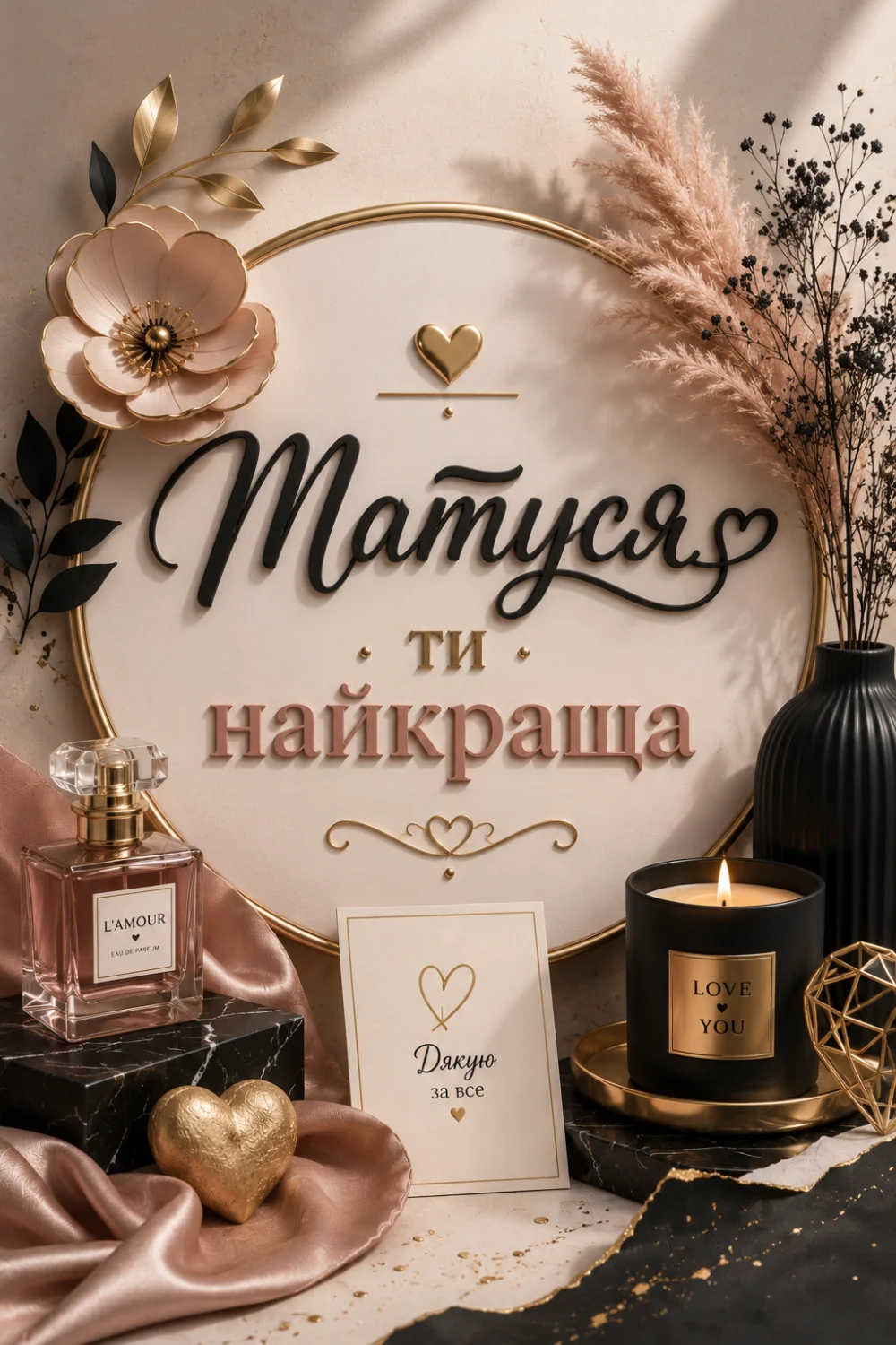 Композиція з круглою рамкою, в центрі якої напис «Матуся ти найкраща». Зліва рожева квітка та золоті листочки, справа сухі гілочки та колоски. Внизу флакон парфумів, золоте серце, свічка та листівка з написом «Дякую за все».