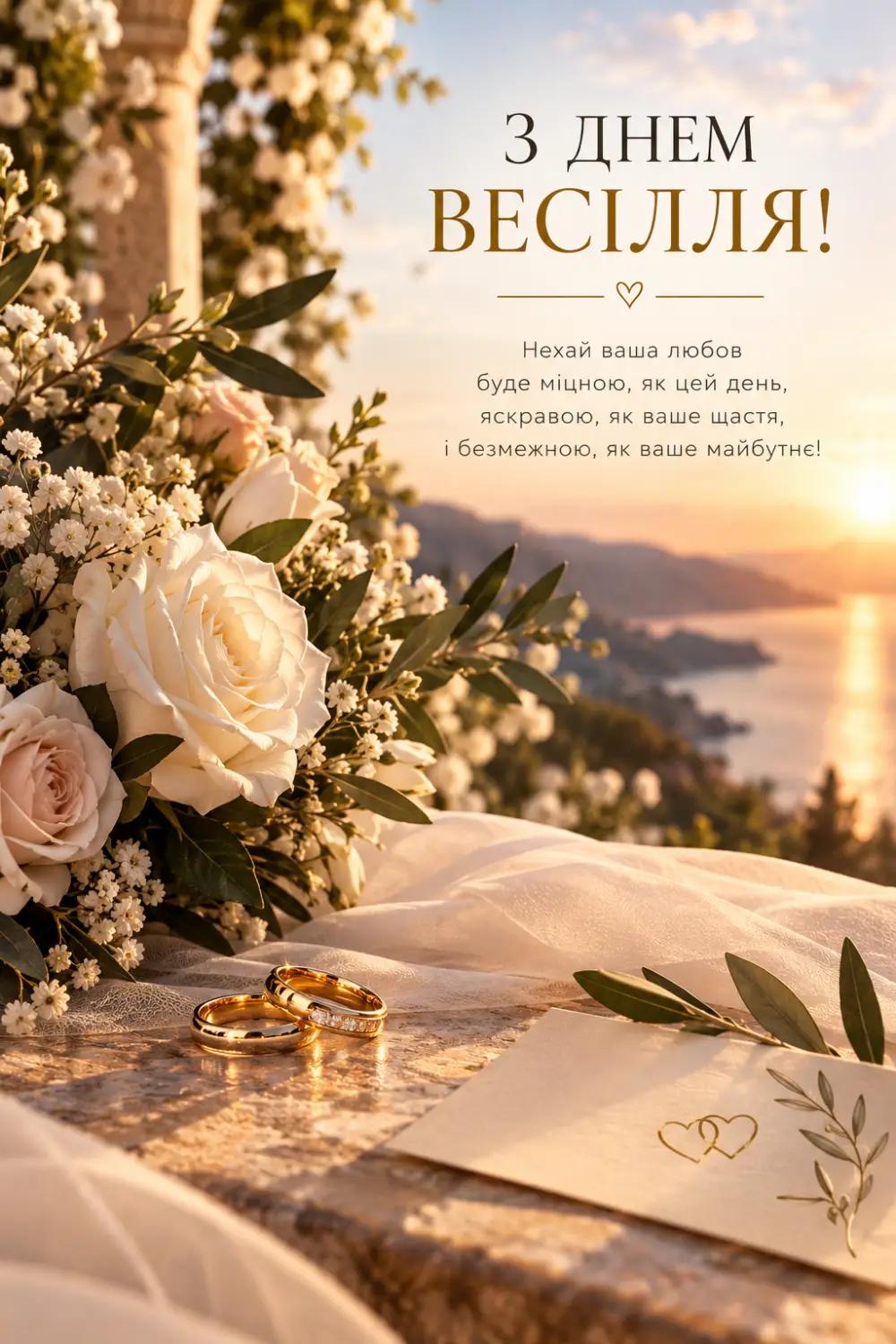 Листівка «З Днем Весілля! Нехай ваша любов буде міцною, як цей день» з обручками, букетом білих троянд і морським краєвидом на заході сонця