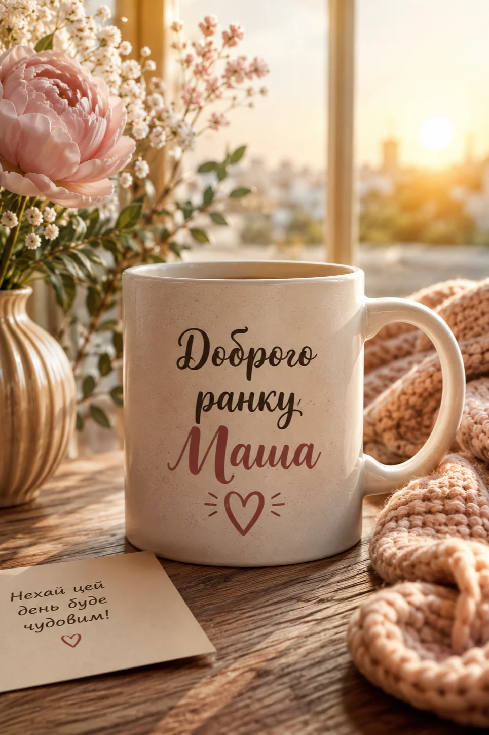 Чашка кави з написом «Доброго ранку, Маша» та маленьким сердечком стоїть на дерев'яному столі. Поруч ваза з рожевою півонією та дрібними білими квітами. На задньому плані видно вікно і схід сонця над містом. На столі лежить записка з текстом: «Нехай цей день буде чудовим!»