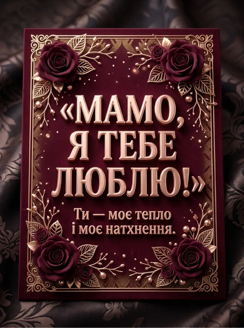 Бордова листівка «Мамо, я тебе люблю!» з темними трояндами і перлами на темній атласній тканині