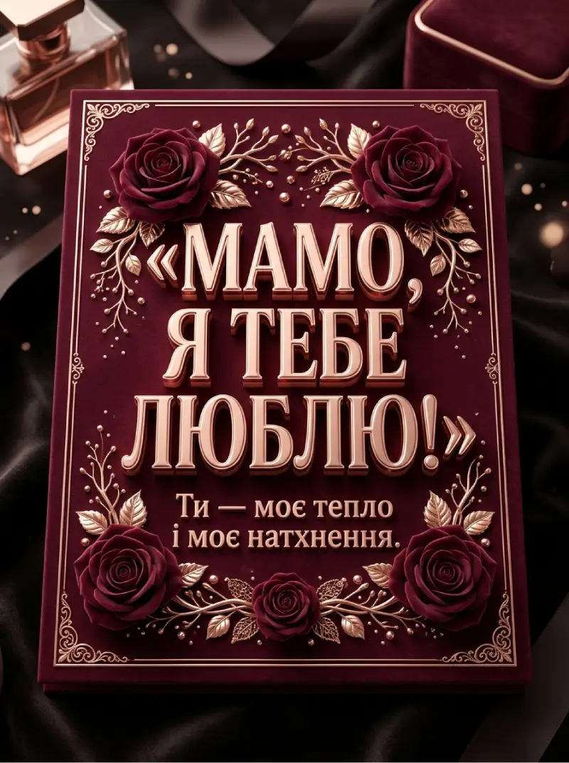 Бордова листівка «Мамо, я тебе люблю!» з трояндами, поруч флакон парфумів і оксамитова коробочка