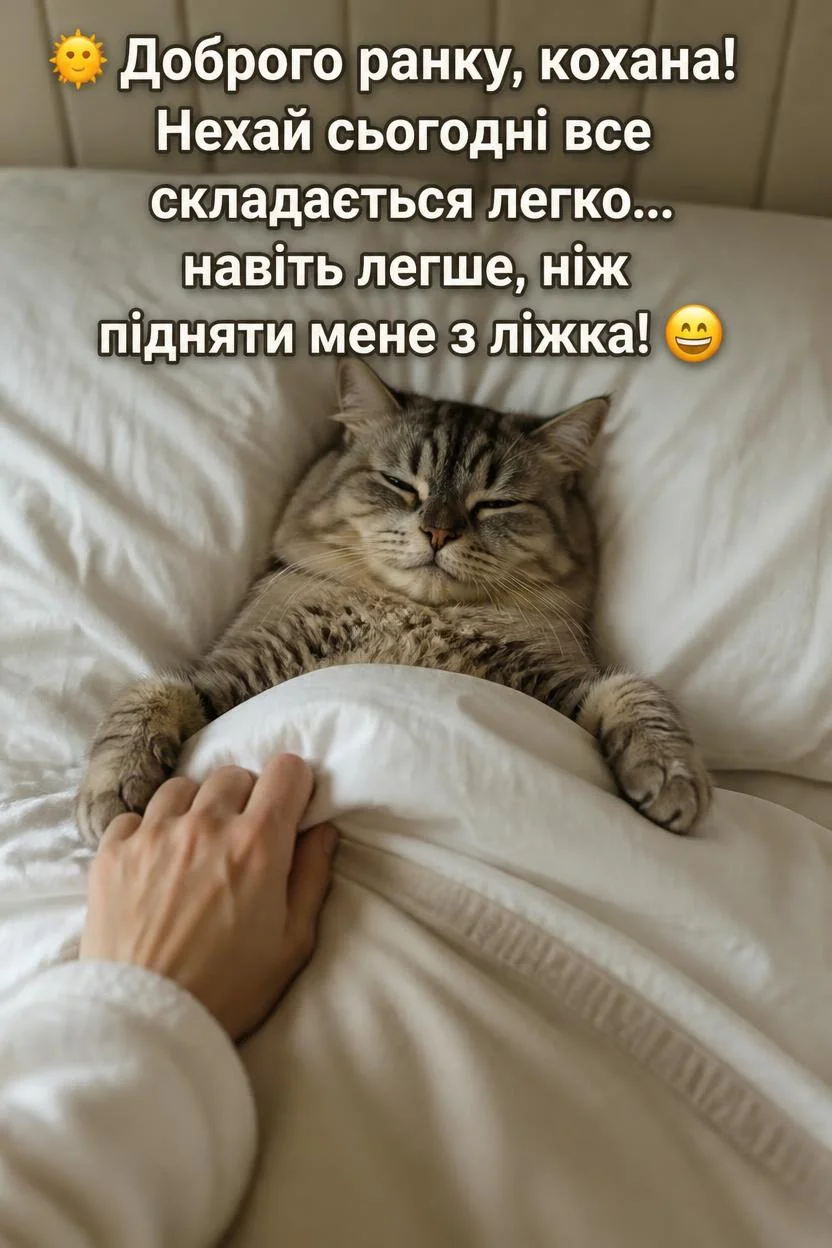 Пухнастий смугастий кіт спить у ліжку під білою ковдрою, поруч видно руку людини в білому халаті. На листівці напис: "Доброго ранку, кохана! Нехай сьогодні все складається легко... навіть легше, ніж підняти мене з ліжка!"