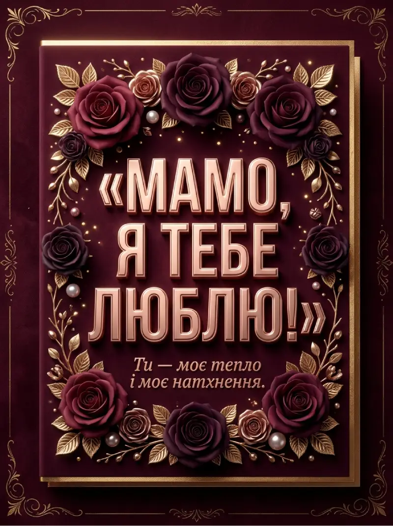 Бордова оксамитова листівка «Мамо, я тебе люблю! Ти — моє тепло і моє натхнення» з темними трояндами й золотою рамкою