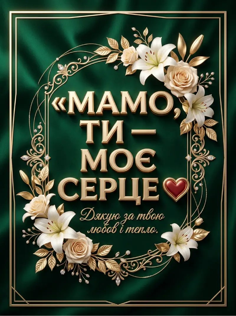Смарагдово-зелена оксамитова листівка «Мамо, ти — моє серце!» з лілеями, трояндами кольору шампань і бордовим серцем у декоративній рамці зі стразами