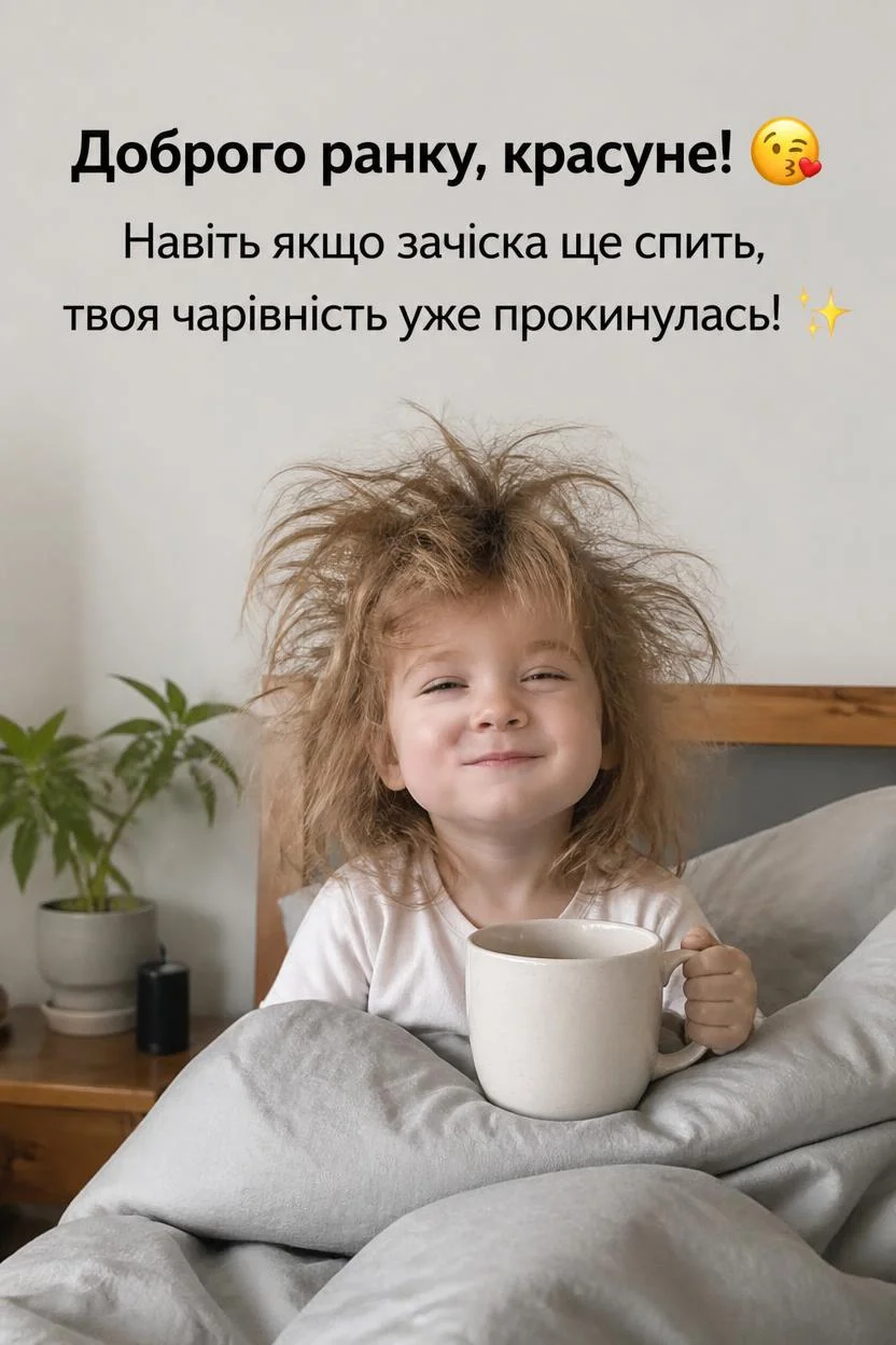 Маленька дитина з розпатланим світлим волоссям сидить у ліжку під сірою ковдрою і тримає білу чашку. Вона посміхається із заплющеними очима. Напис: «Доброго ранку, красуне! Навіть якщо зачіска ще спить, твоя чарівність уже прокинулась!»