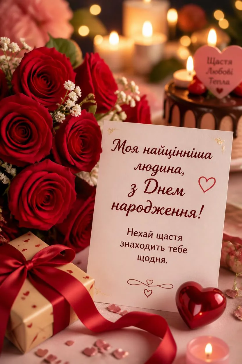 Святкова листівка з написом «Моя найцінніша людина, з Днем народження! Нехай щастя знаходить тебе щодня». Поруч букет червоних троянд, подарунок з червоною стрічкою, червоне декоративне серце та свічки, що горять.