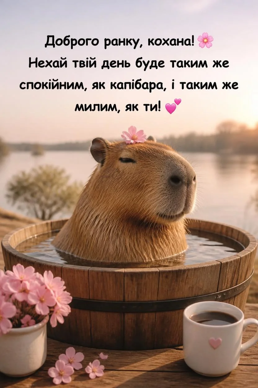 Капібара сидить у дерев'яній діжці з водою, на голові у неї рожева квітка. Поруч стоїть біла чашка з кавою та маленька ваза з рожевими квітами. На листівці напис: «Доброго ранку, кохана! Нехай твій день буде таким же спокійним, як капібара, і таким же милим, як ти!»