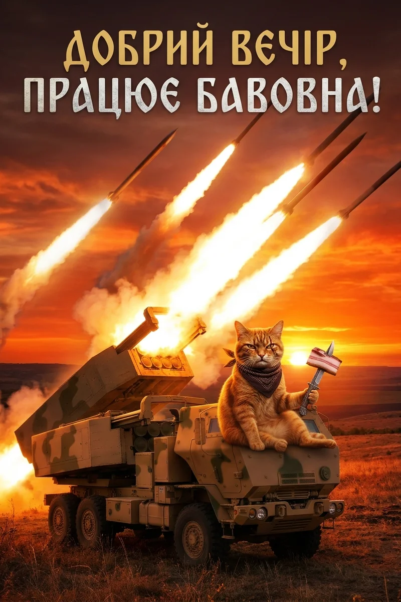 Рудий кіт у бандані сидить на військовій машині HIMARS, що запускає ракети. У лапі кіт тримає ніж із шматком сала. На тлі помаранчеве небо із загравою від вибухів. Зверху напис: "Добрий вечір, працює бавовна!".
