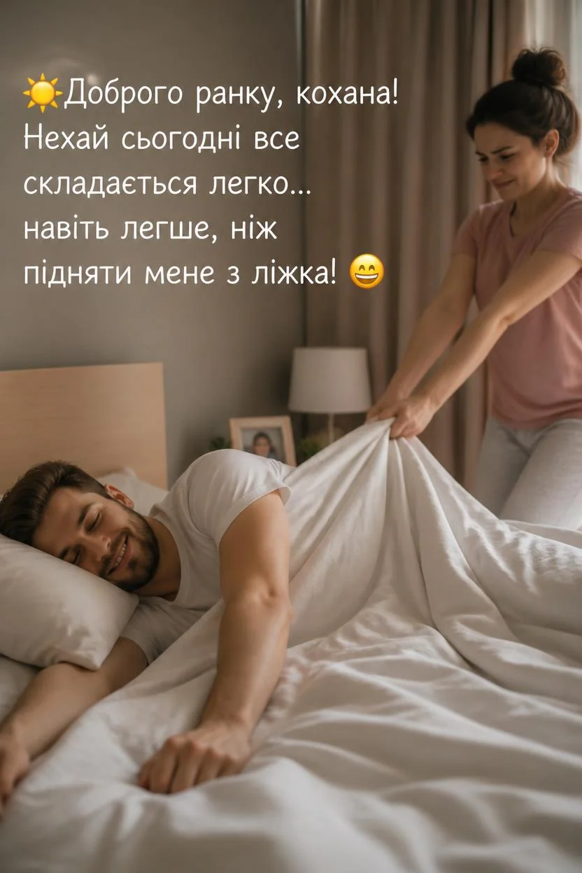 Чоловік спить у ліжку, посміхаючись. Жінка стоїть поруч і тягне на себе ковдру. На листівці напис: "Доброго ранку, кохана! Нехай сьогодні все складається легко... навіть легше, ніж підняти мене з ліжка!"