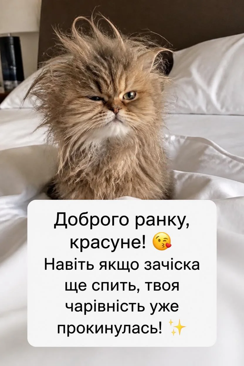 Пухнастий кіт з розпатланою шерстю сидить на білому ліжку, одне око примружене. На листівці напис: "Доброго ранку, красуне! Навіть якщо зачіска ще спить, твоя чарівність уже прокинулась!"