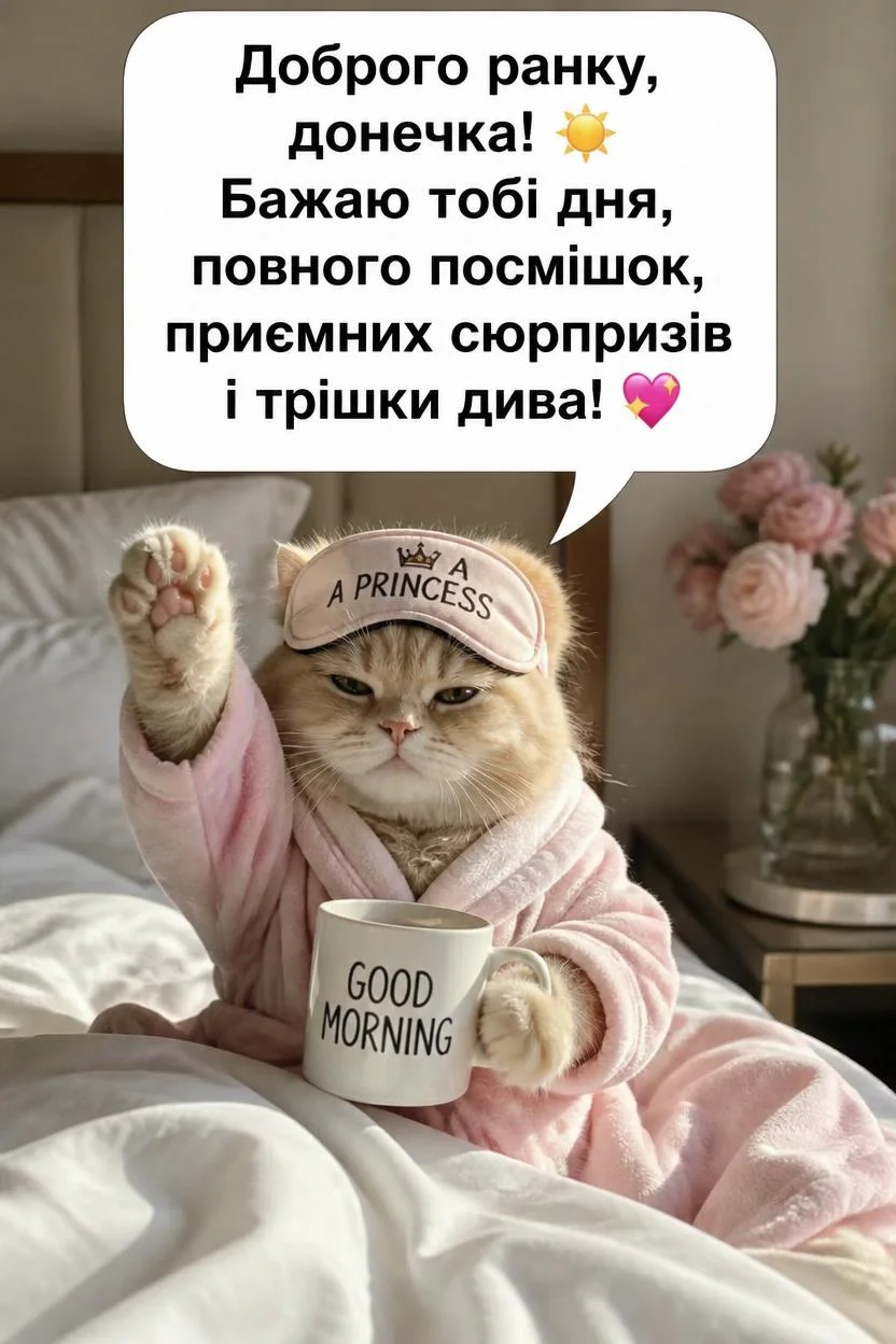 Кішка в рожевому халаті та масці для сну з написом "A PRINCESS" сидить на білому ліжку, тримаючи чашку з написом "GOOD MORNING". Одна лапка піднята вгору, на задньому плані видно рожеві квіти у вазі. Зверху листівки текст: "Доброго ранку, донечка! Бажаю тобі дня, повного посмішок, приємних сюрпризів