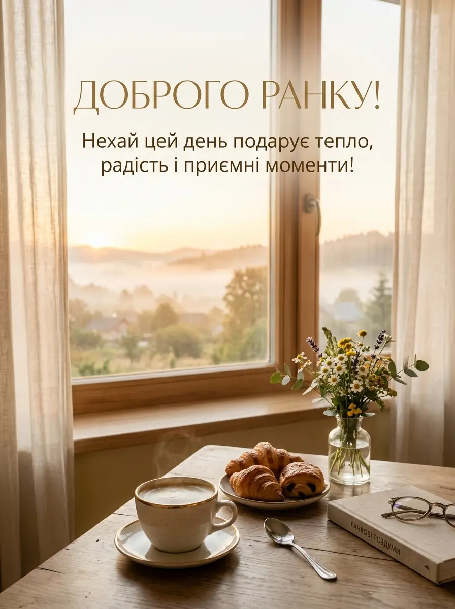 Листівка «Доброго ранку!» з кавою, круасанами, польовими квітами і видом на пагорби у вранішньому тумані за вікном