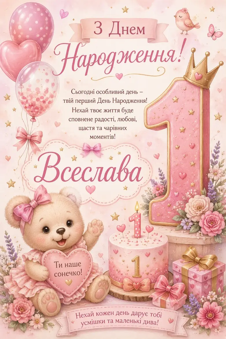 Рожева листівка з першим днем народження для дівчинки Всеслави: плюшевий ведмедик, торт зі свічкою, квіти та кулі-серця