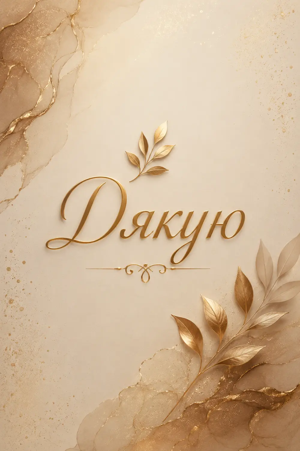 Ніжна листівка «Дякую» на мармуровому тлі кольору шампань із золотими гілочками