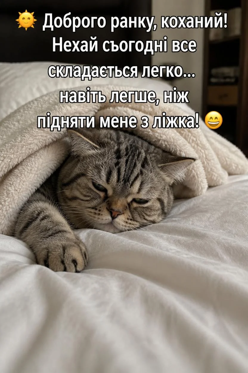 Смугастий кіт лежить на білому ліжку, вкритий світлою ковдрою, і сонно мружиться. Зверху напис: "Доброго ранку, коханий! Нехай сьогодні все складається легко... навіть легше, ніж підняти мене з ліжка!"
