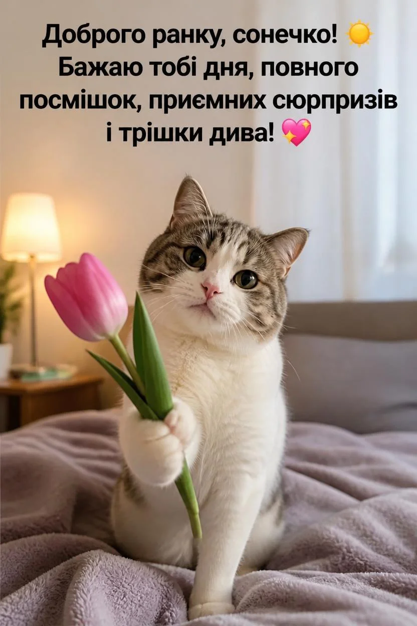 Милий біло-сірий кіт сидить на ліжку, тримаючи в лапі рожевий тюльпан. На задньому плані видно нічник з теплим світлом. Зверху напис: "Доброго ранку, сонечко! Бажаю тобі дня, повного посмішок, приємних сюрпризів і трішки дива!"
