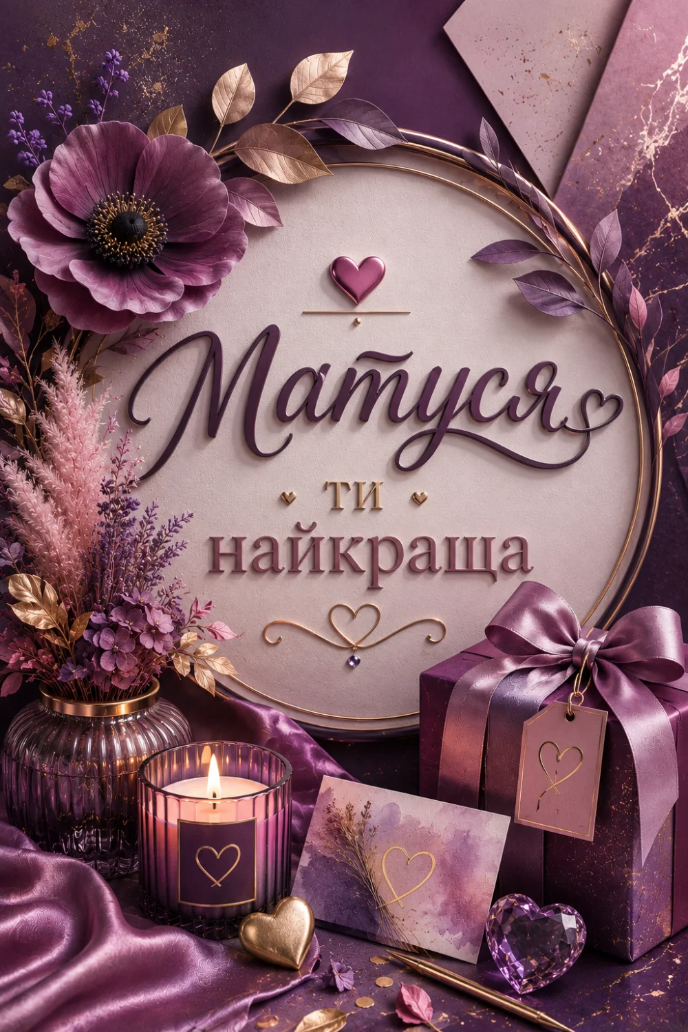 Листівка з написом «Матуся, ти найкраща» на світлому круглому фоні, обрамленому золотим обідком. Зверху та зліва композиція з фіолетових квітів, золотих і бузкових листочків. Знизу праворуч фіолетова подарункова коробка з бантом, свічка у склянці, золоте серце та маленька листівка з серцем.