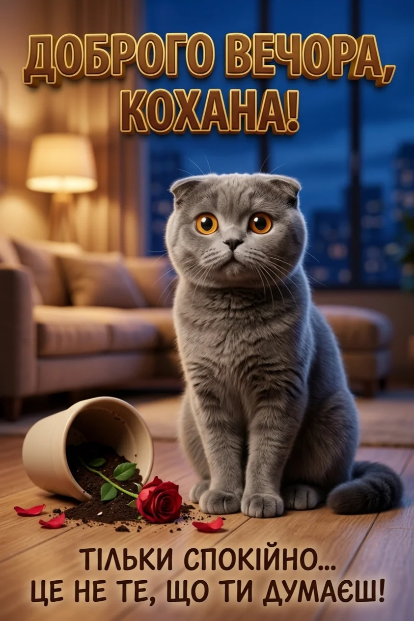 Сірий кіт породи скотіш-фолд сидить на дерев'яній підлозі, поруч перекинутий горщик із землею та червоною трояндою. На задньому плані видно диван та лампу. На листівці напис: "Доброго вечора, кохана! Тільки спокійно... Це не те, що ти думаєш!"