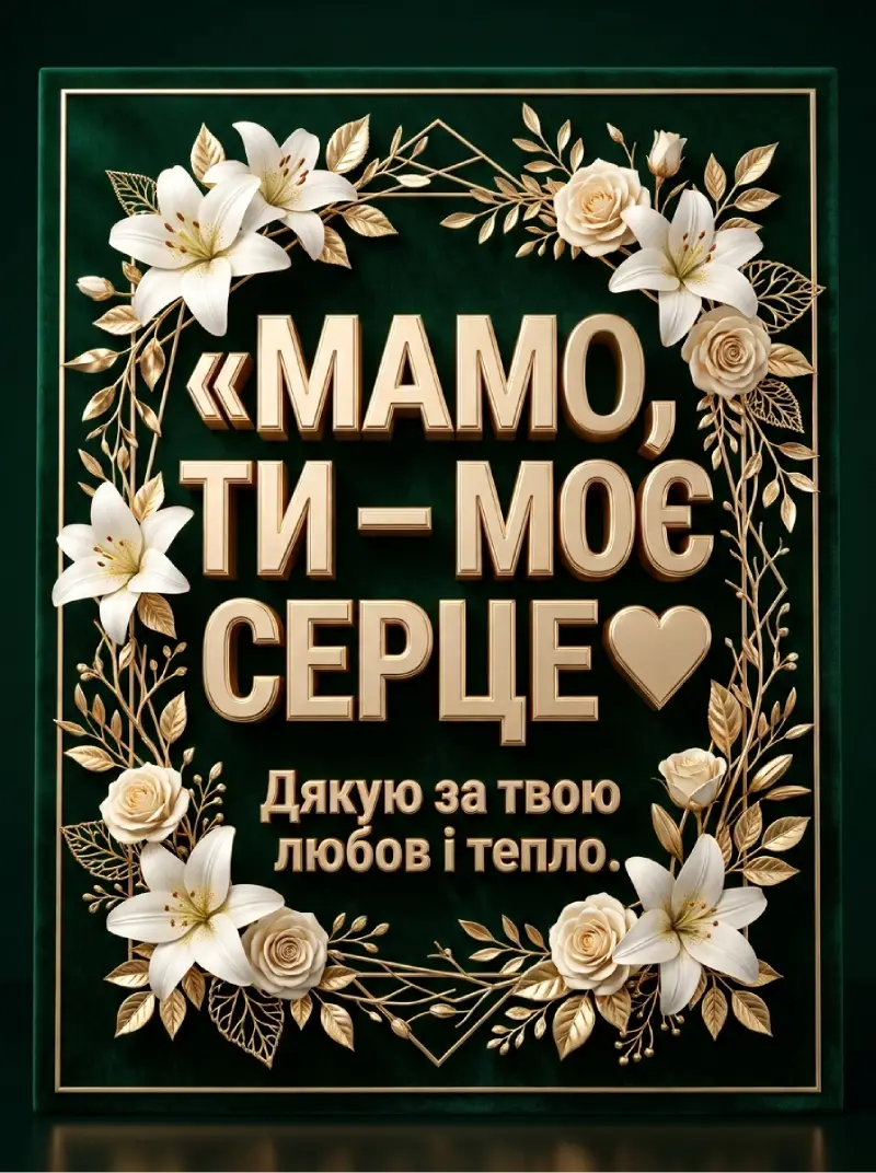 Смарагдово-зелена листівка «Мамо, ти — моє серце! Дякую за твою любов і тепло» з білими лілеями, трояндами і золотим серцем у геометричній рамці