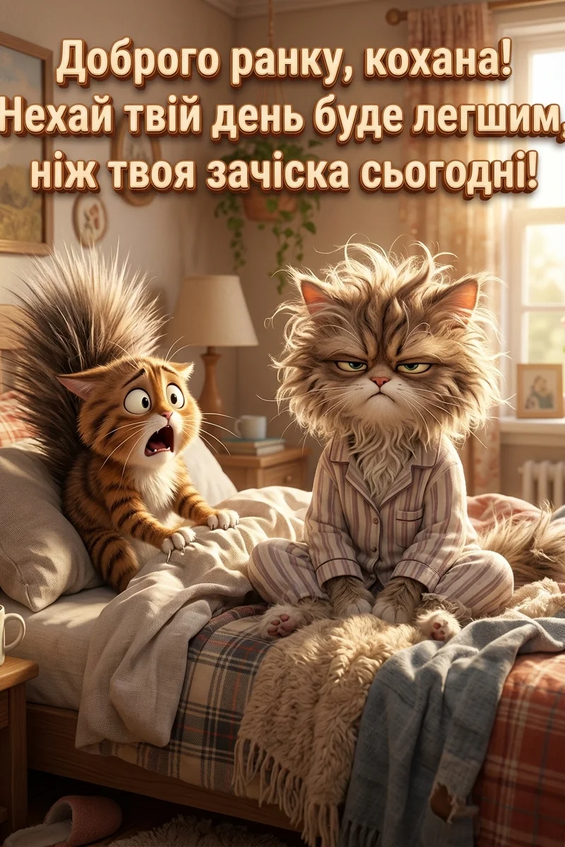 Два кумедні коти в ліжку. Один, рудий смугастий, здивовано дивиться вгору, а інший, пухнастий сірий, у смугастій піжамі, сидить з невдоволеним виразом морди. На листівці напис: "Доброго ранку, кохана! Нехай твій день буде легшим, ніж твоя зачіска сьогодні!".