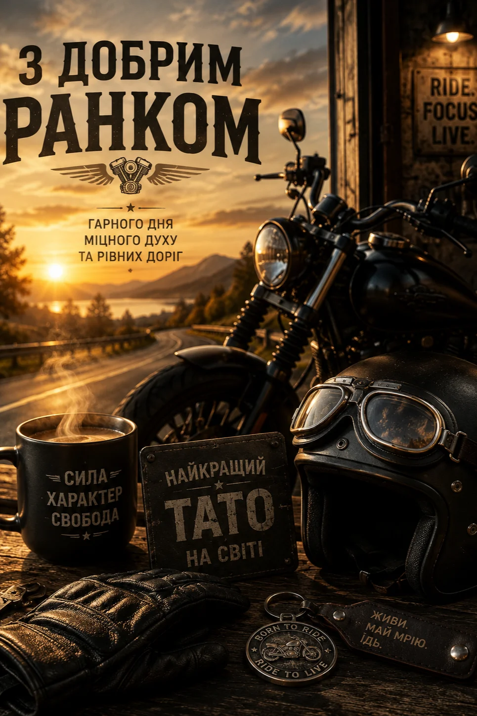 Листівка "З добрим ранком" з мотоциклом на фоні заходу сонця. На передньому плані чорна кружка з написом "Сила Характер Свобода", мотоциклетний шолом з окулярами, шкіряні рукавички та табличка "Найкращий Тато на світі".