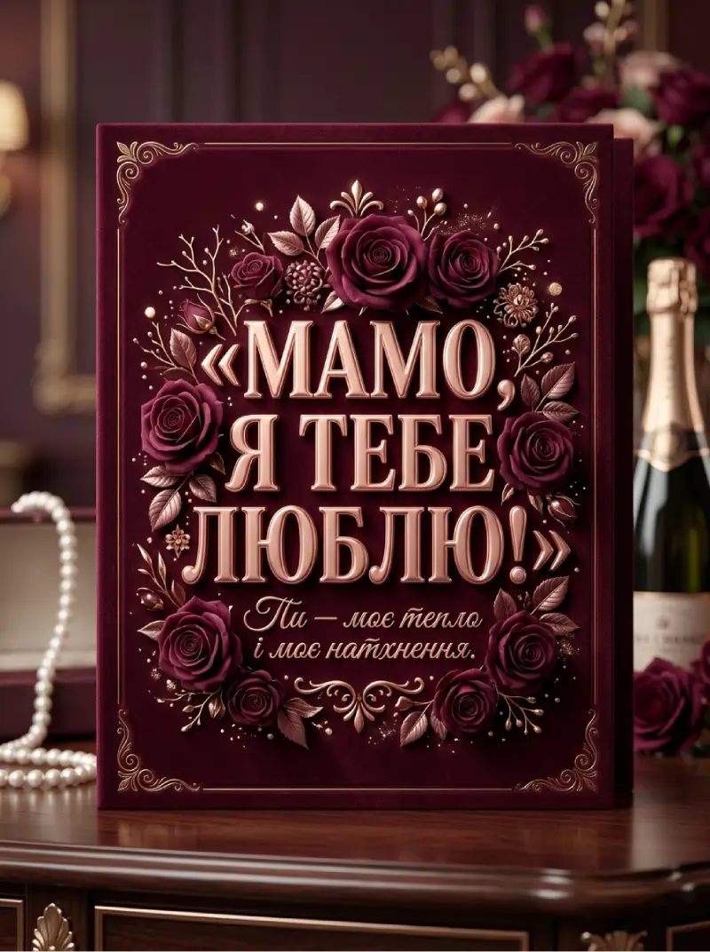 Бордова оксамитова листівка «Мамо, я тебе люблю!» на дерев'яному столі з перлами, трояндами і пляшкою шампанського