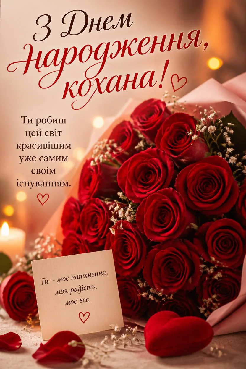 Букет червоних троянд, загорнутий у рожевий папір, стоїть на столі. Поруч горить свічка, розкидані пелюстки троянд та маленька червона коробочка у формі серця. На листівці напис: "З Днем народження, кохана! Ти робиш цей світ красивішим уже самим своїм існуванням. Ти - моє натхнення, моя радість, моє