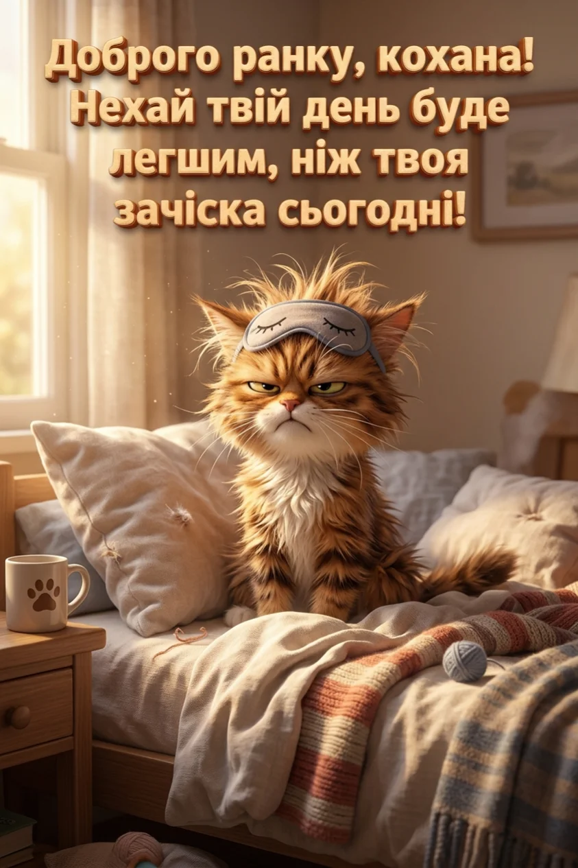 Рудий пухнастий кіт сидить на ліжку в сірій масці для сну, його шерсть скуйовджена, а морда виражає невдоволення. Поруч стоїть біла чашка з відбитком лапи. На ліжку лежить клубок ниток. Зверху напис: "Доброго ранку, кохана! Нехай твій день буде легшим, ніж твоя зачіска сьогодні!"