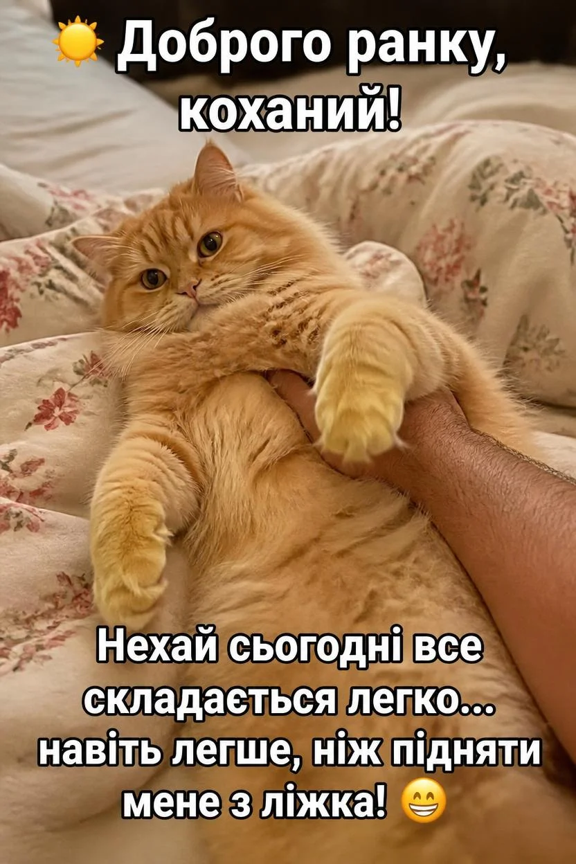 Рудий пухнастий кіт лежить на ліжку, обіймаючи лапами руку людини. На ковдрі квітковий візерунок. Текст листівки: «Доброго ранку, коханий! Нехай сьогодні все складається легко… навіть легше, ніж підняти мене з ліжка!»