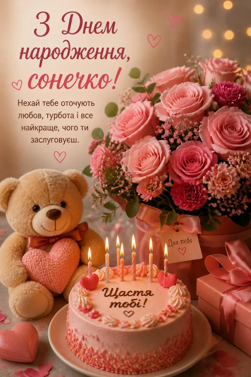 Листівка з привітанням «З Днем народження, сонечко! Нехай тебе оточують любов, турбота і все найкраще, чого ти заслуговуєш». На зображенні рожевий торт зі свічками та написом «Щастя тобі!», плюшевий ведмедик з рожевим серцем, букет рожевих троянд та подарунок.