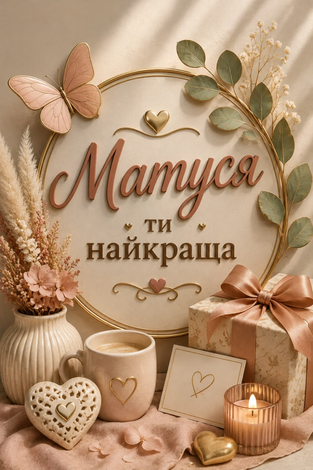Листівка з написом «Матуся, ти найкраща» у золотому колі, прикрашеному метеликом та гілочками. Поруч стоїть ваза з сухими квітами, чашка кави, подарунок з рожевою стрічкою, свічка та декоративні серця.