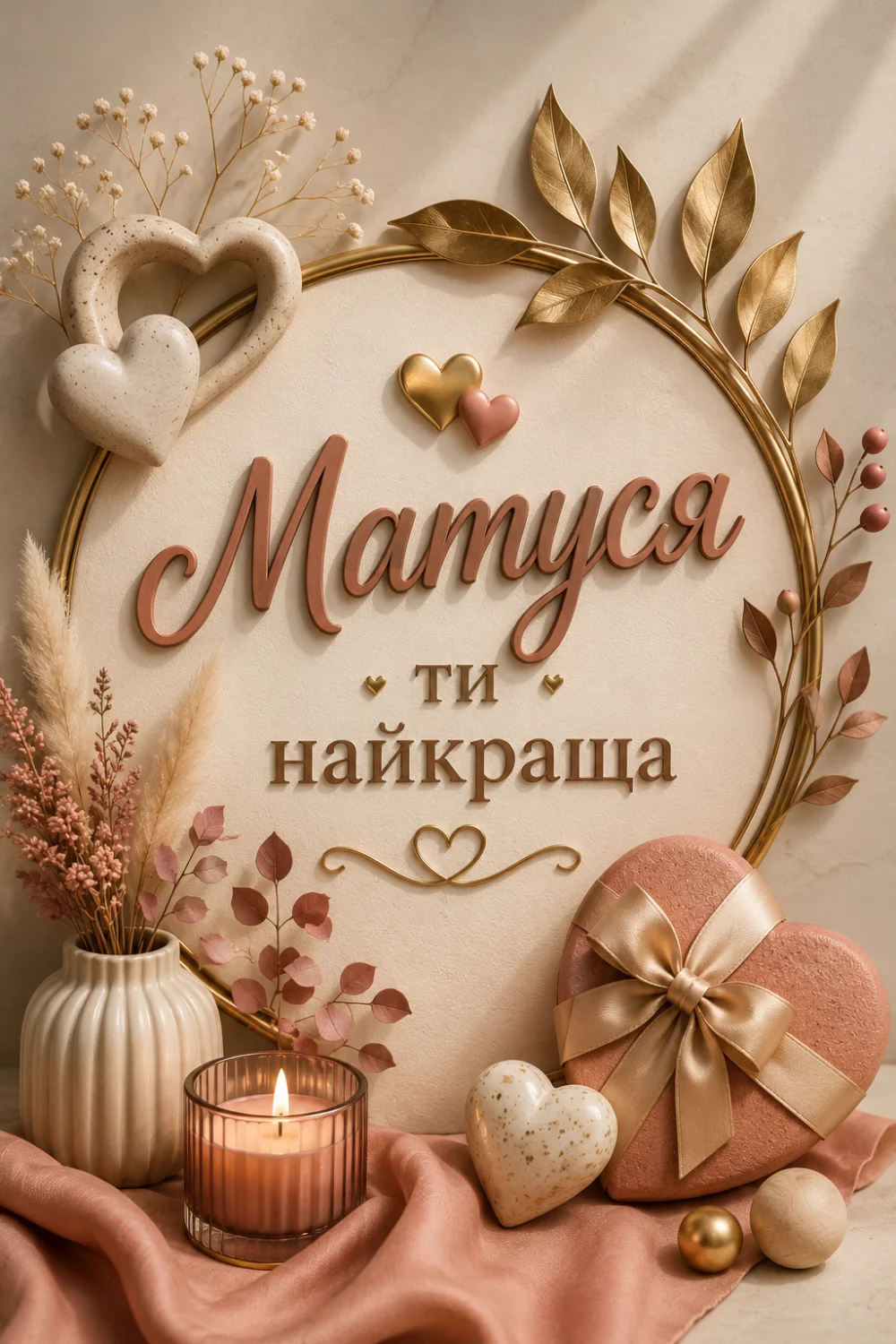 Листівка з написом «Матуся ти найкраща» на світлому фоні. Зображення прикрашене золотими та рожевими сердечками, гілочками та сухоцвітами. Внизу стоїть ваза з квітами, запалена свічка та подарунок у формі серця з бантом.