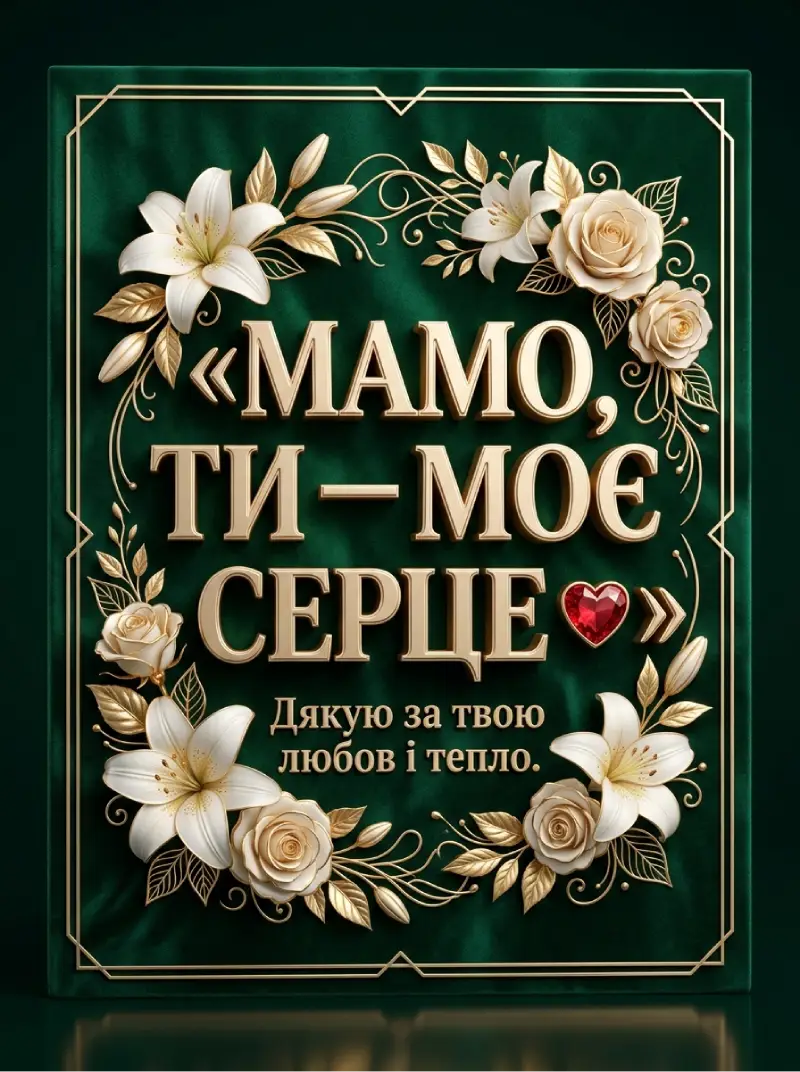 Смарагдово-зелена оксамитова листівка «Мамо, ти — моє серце! Дякую за твою любов і тепло» з білими лілеями, трояндами і рубіновим серцем