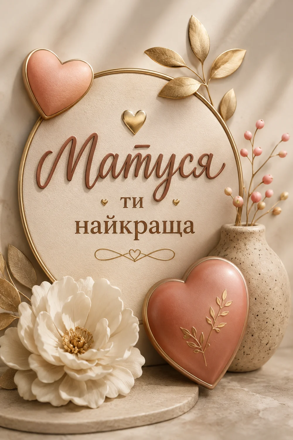 Листівка з написом «Матуся ти найкраща» на круглому фоні, оточеному золотими гілками. Зліва велика біла квітка, справа ваза з рожевими ягодами та рожеве серце із золотим листям.